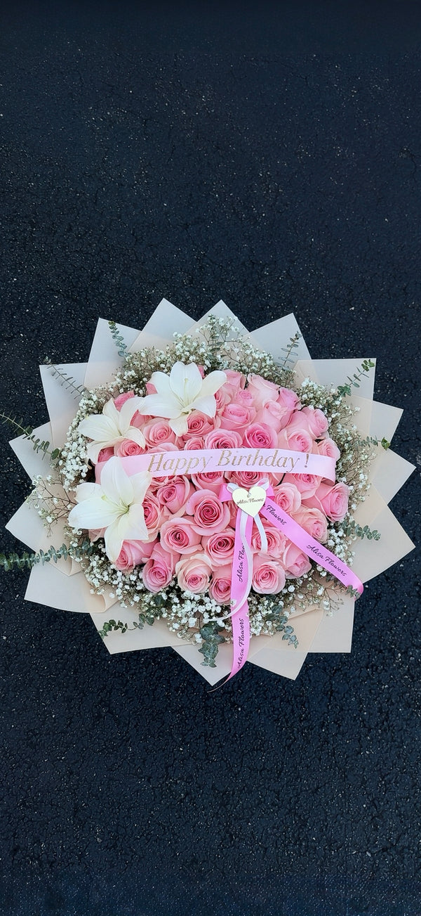 A Day Filled with Flowers – 50 Pink Roses & White Lilies